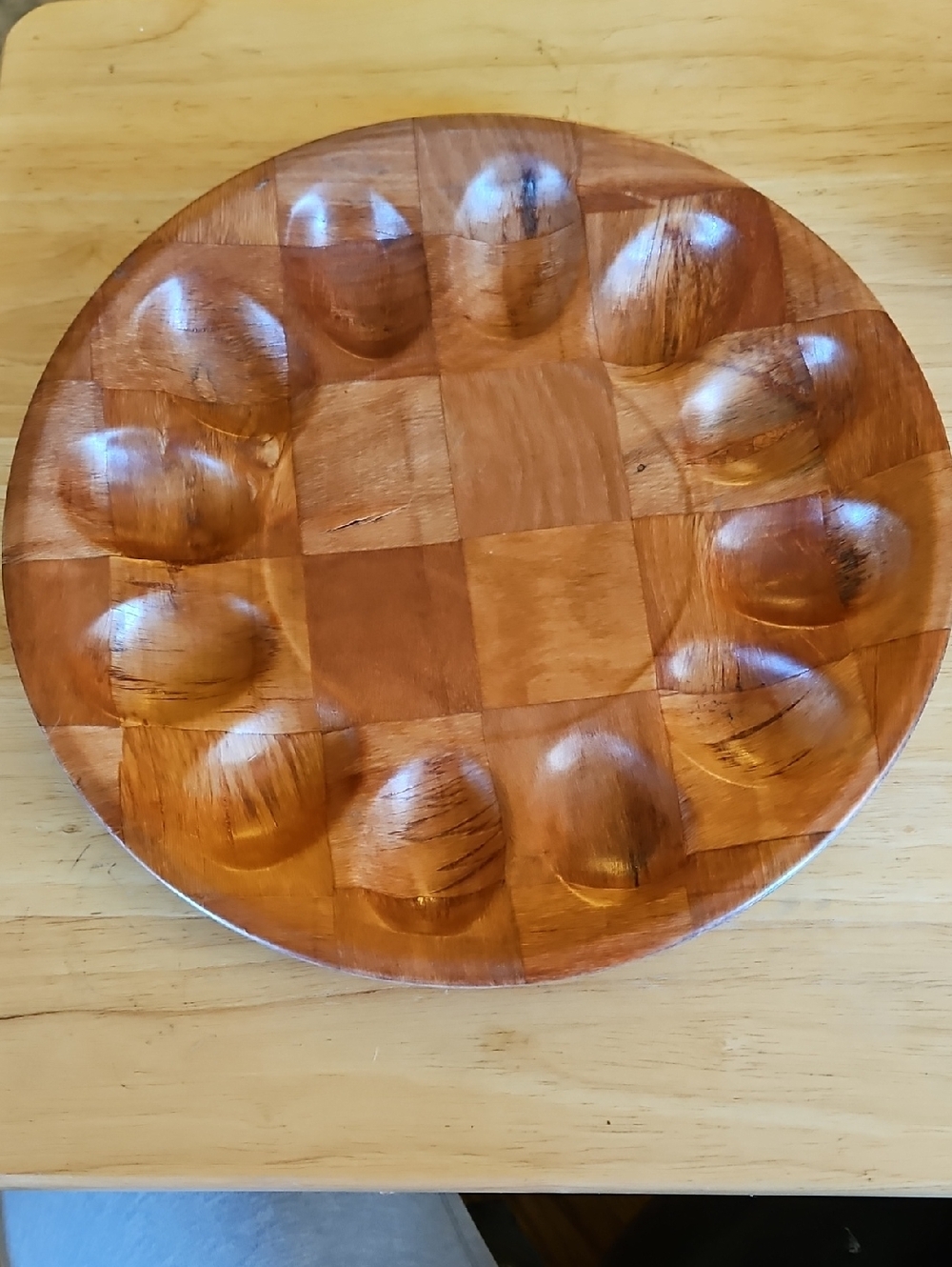 Vintage Woven Wood Deviled Egg Round Serving Tray Retro MCM 1960s, Holds 12